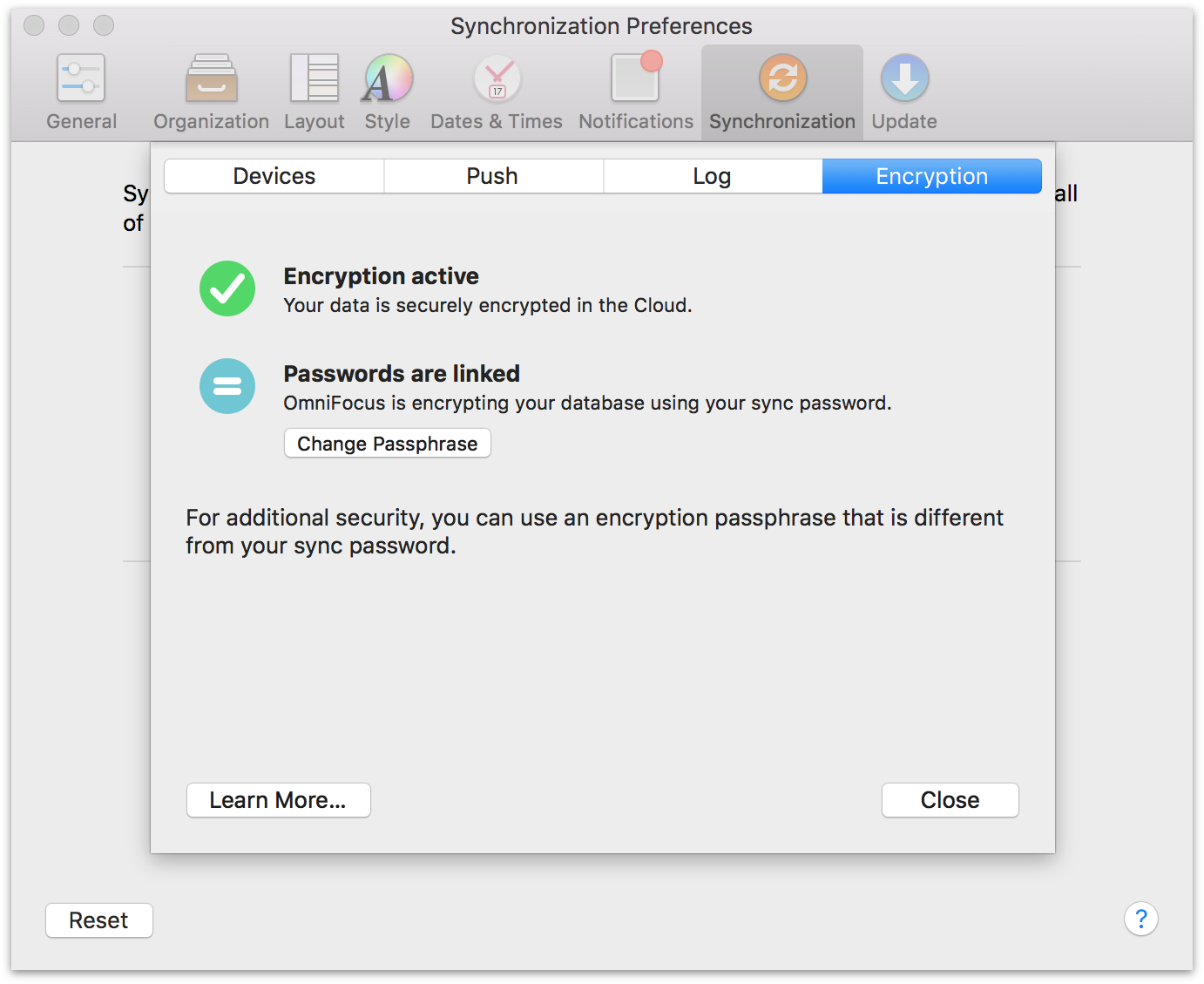 Setting a separate password for encryption of your OmniFocus database.
