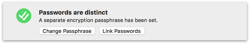 OmniFocus Encryption settings with a separate passphrase set for database encryption.