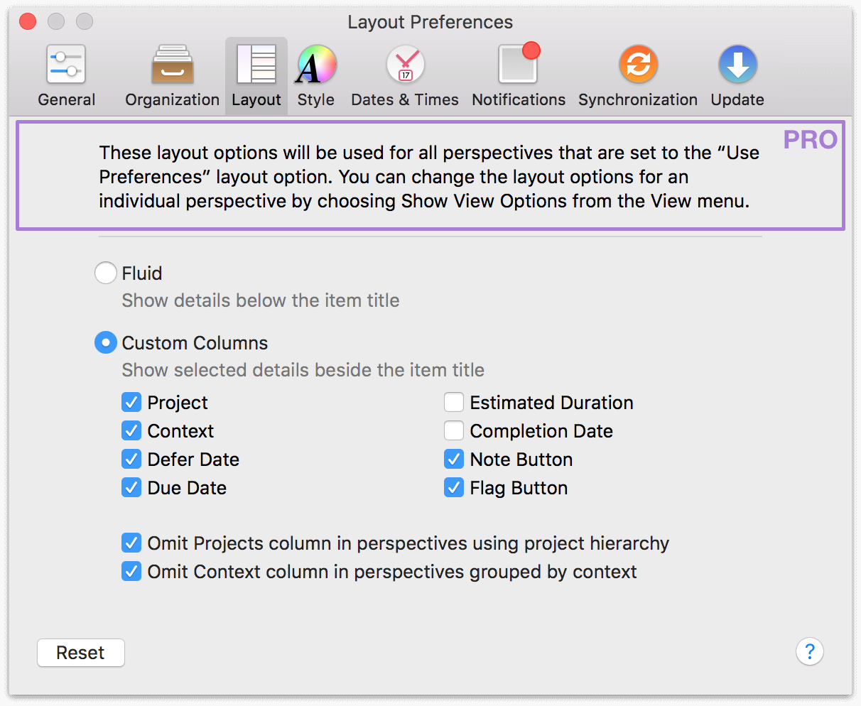 OmniFocus 2 for Mac Layout Preferences.