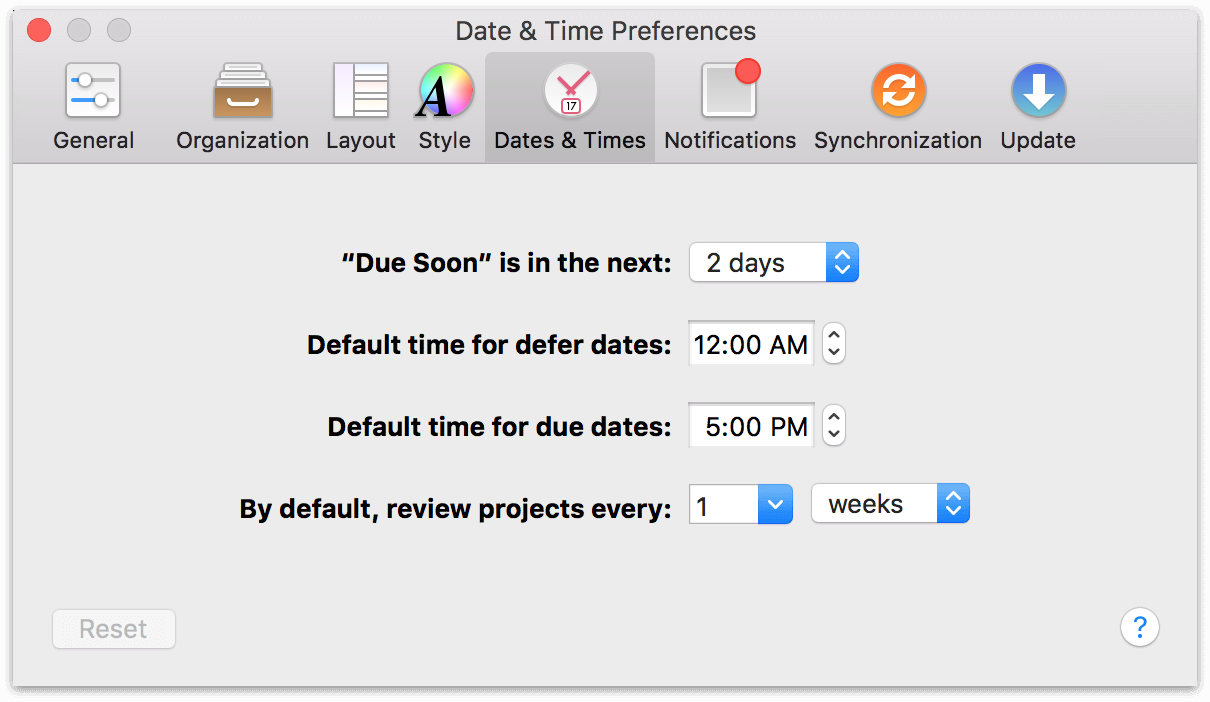 OmniFocus 2 for Mac Dates & Times Preferences.