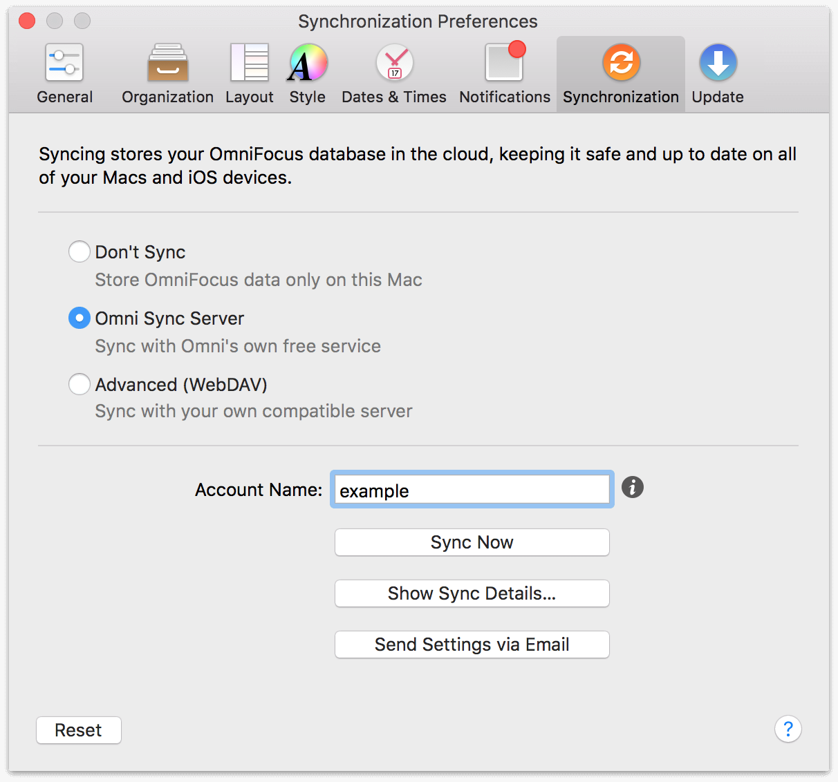 OmniFocus 2 for Mac Synchronization Preferences.