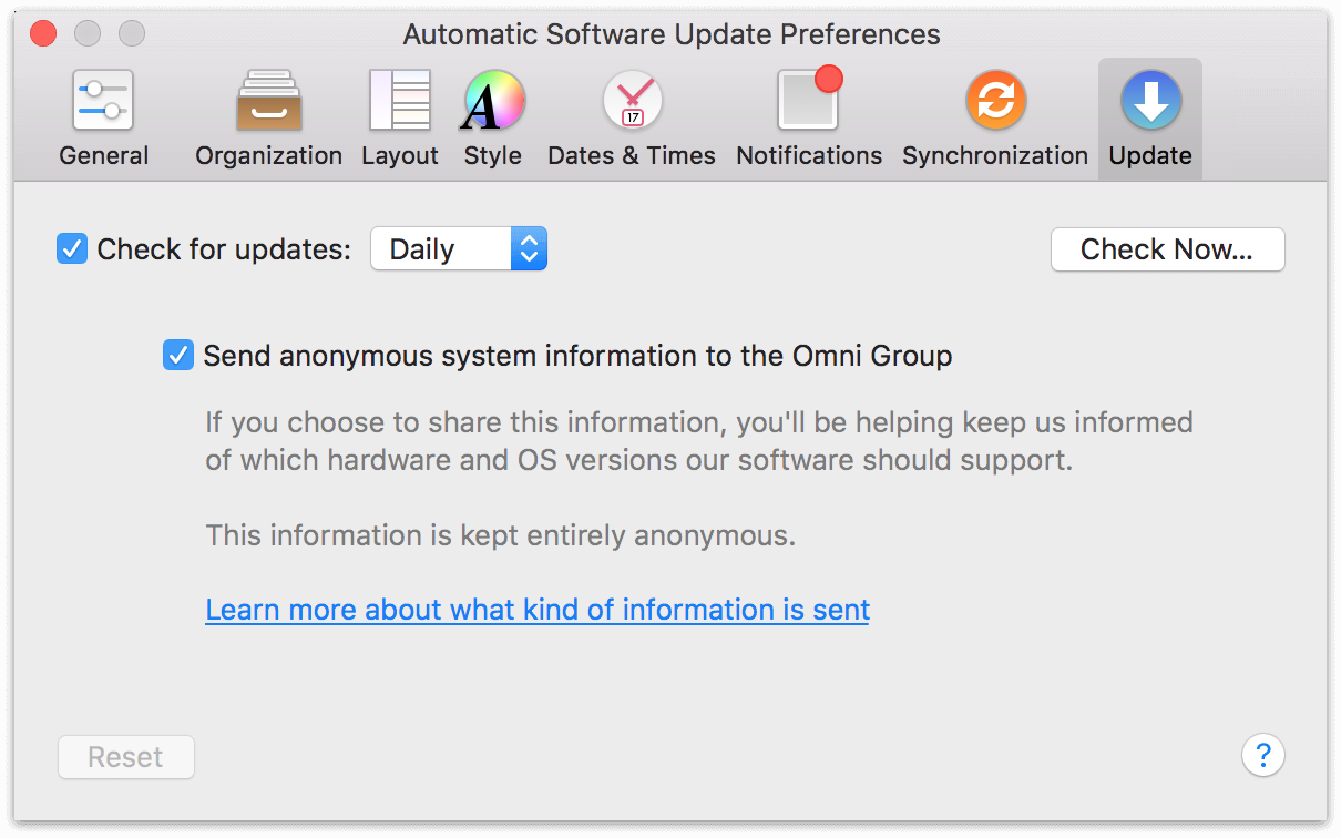 OmniFocus 2 for Mac Update Preferences.