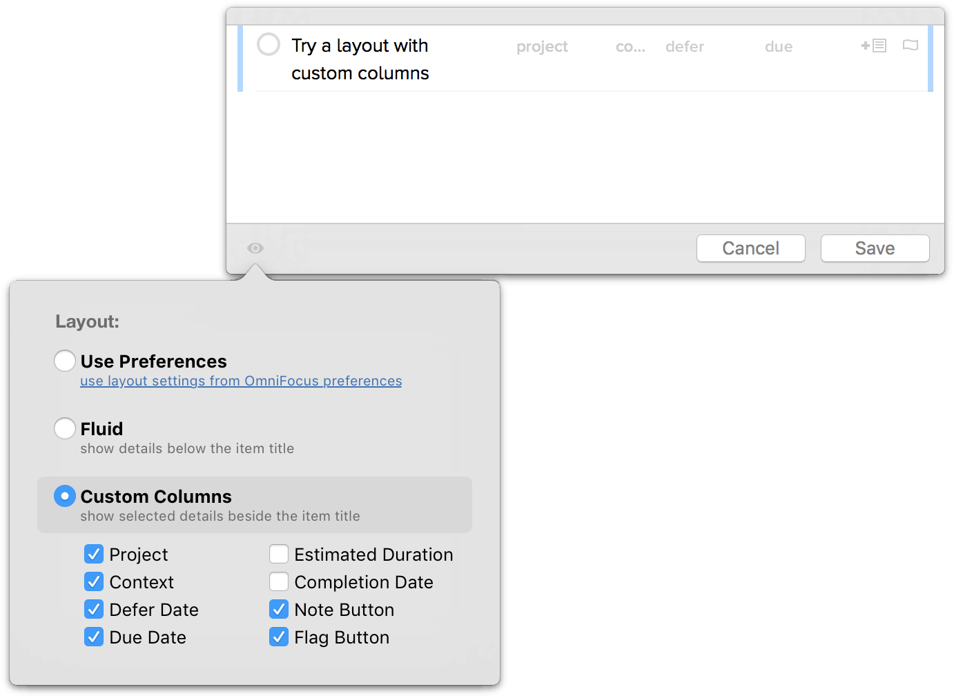 View options for the Quick Entry window in OmniFocus Pro.