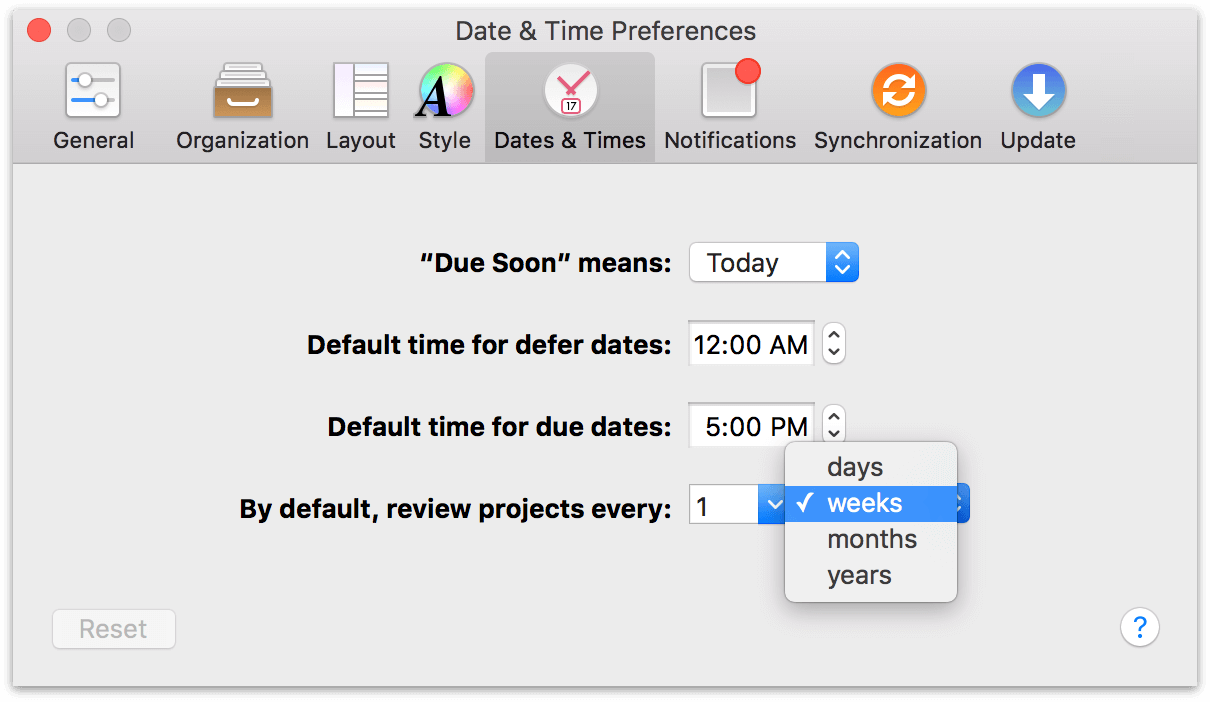 Use the Dates &#38; Times preference to adjust how frequently you plan to review your projects