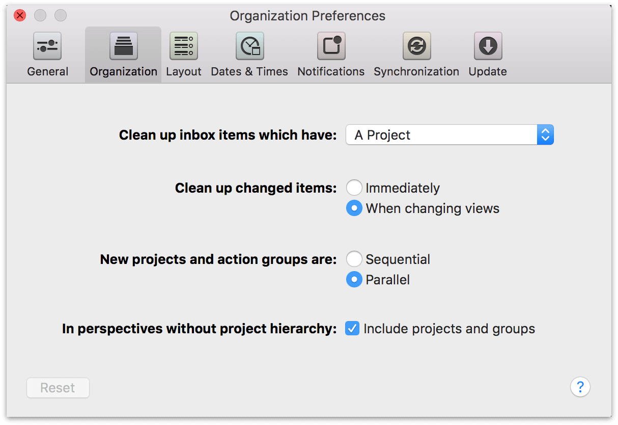 OmniFocus 2 for Mac Organization Preferences.