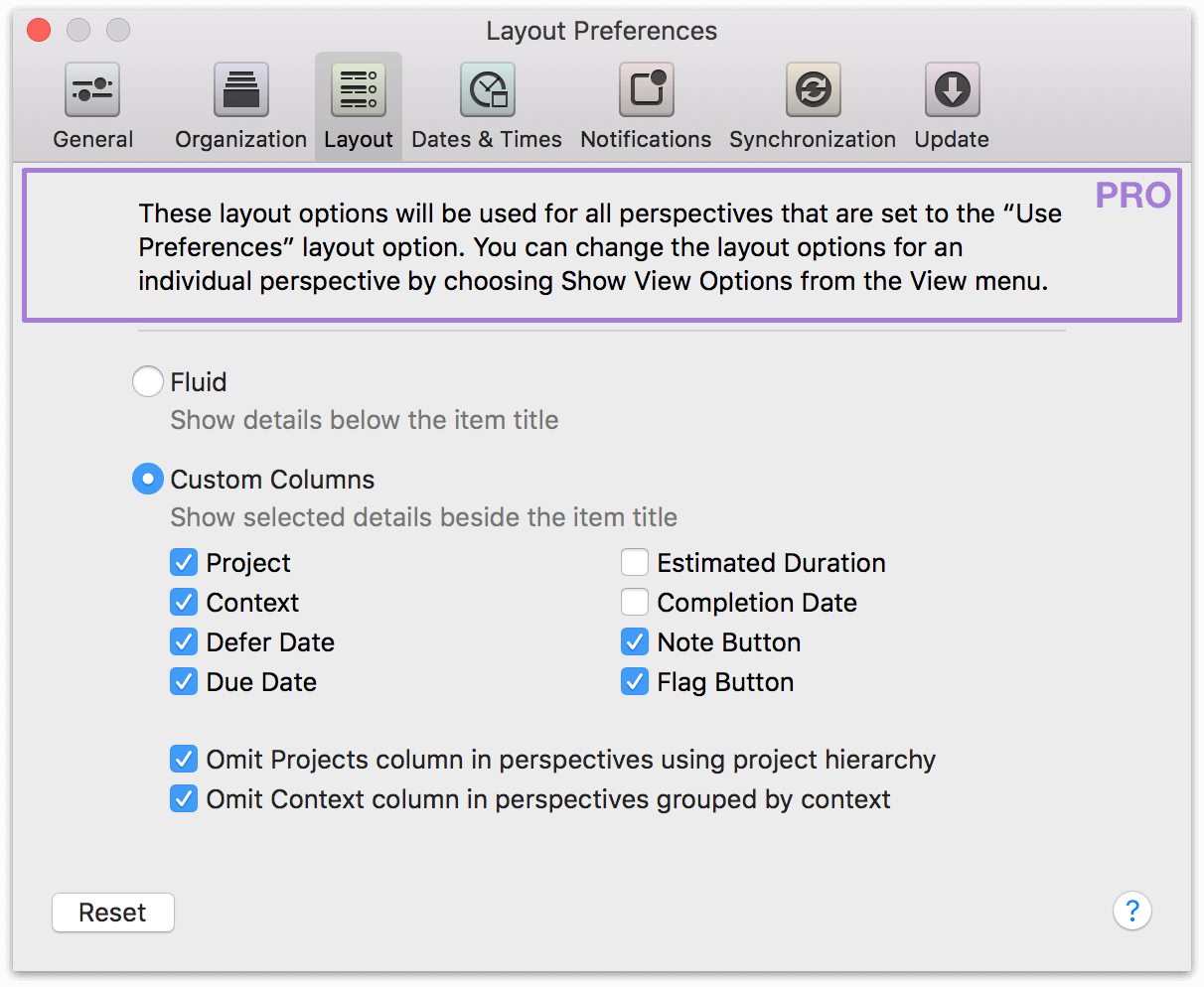 OmniFocus 2 for Mac Layout Preferences.