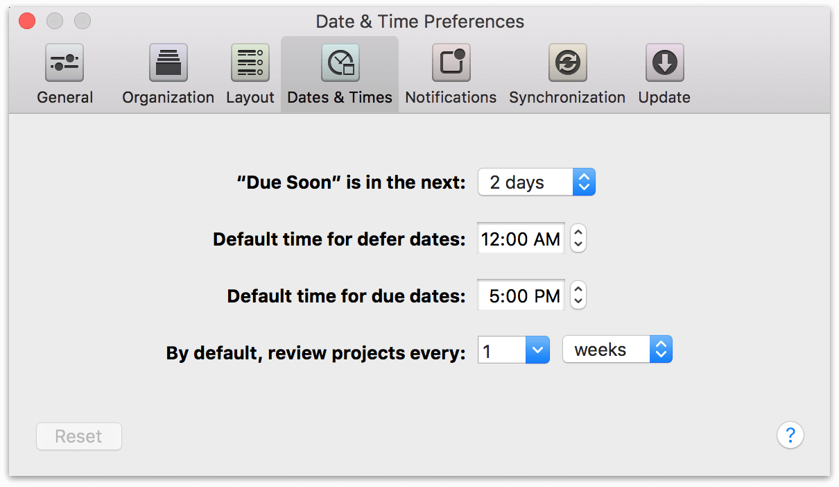 OmniFocus 2 for Mac Dates & Times Preferences.