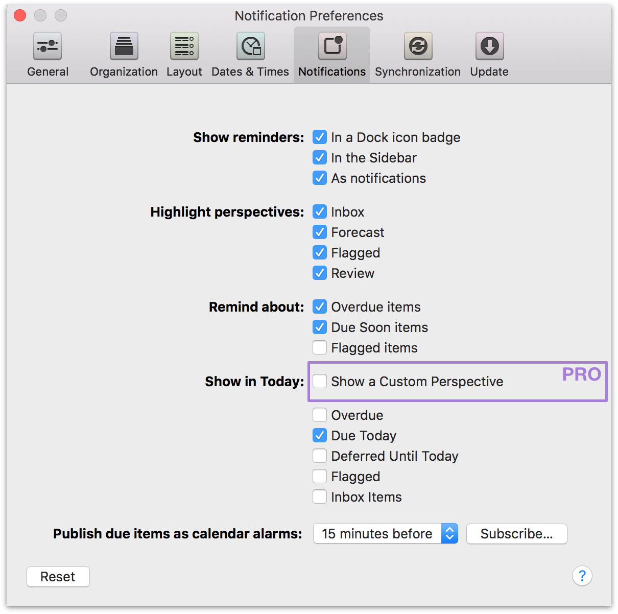 OmniFocus 2 for Mac Notifications Preferences.