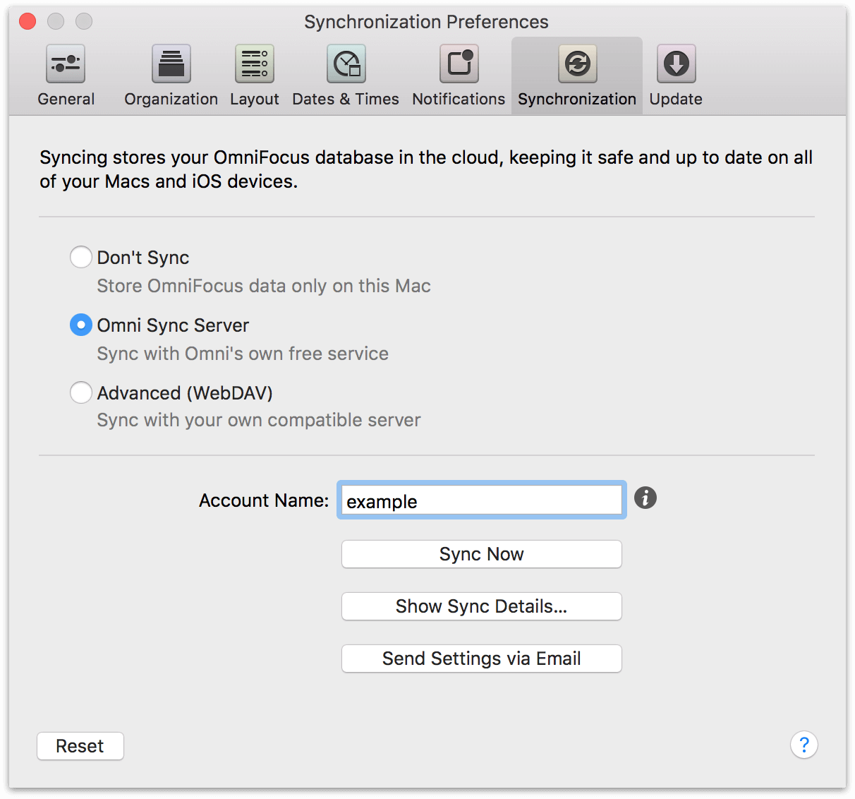 OmniFocus 2 for Mac Synchronization Preferences.