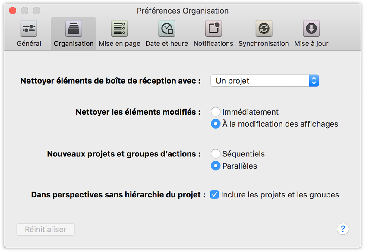 Préférences Organisation d'OmniFocus 2 pour Mac.