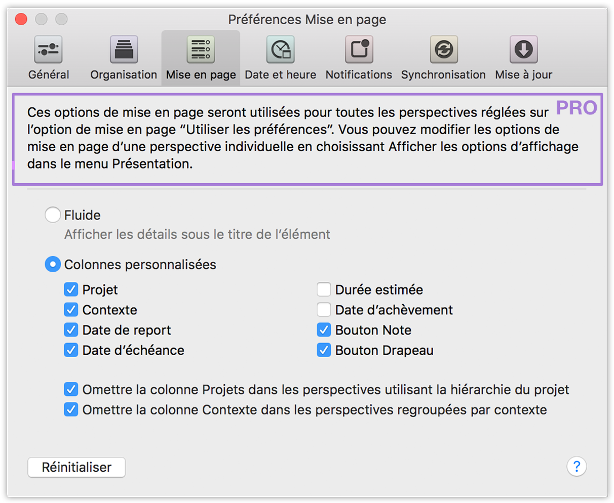 Préférences Mise en page d'OmniFocus 2 pour Mac.