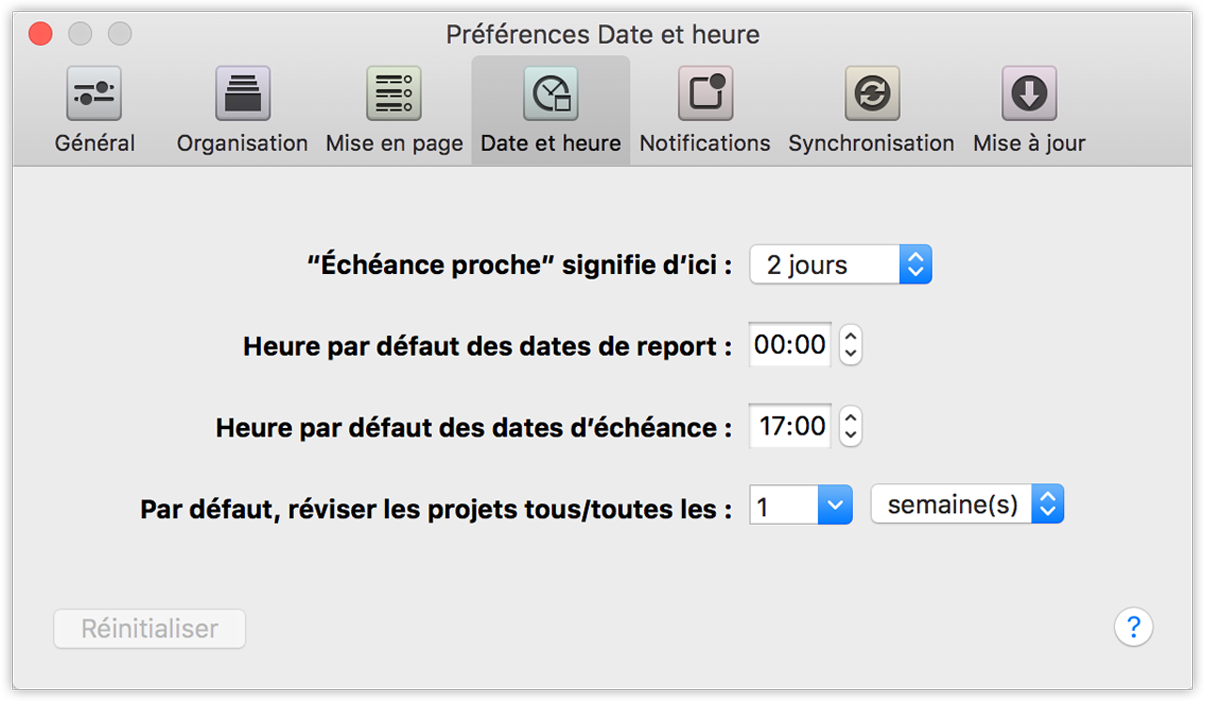 Préférences Dates et heures d'OmniFocus 2 pour Mac.