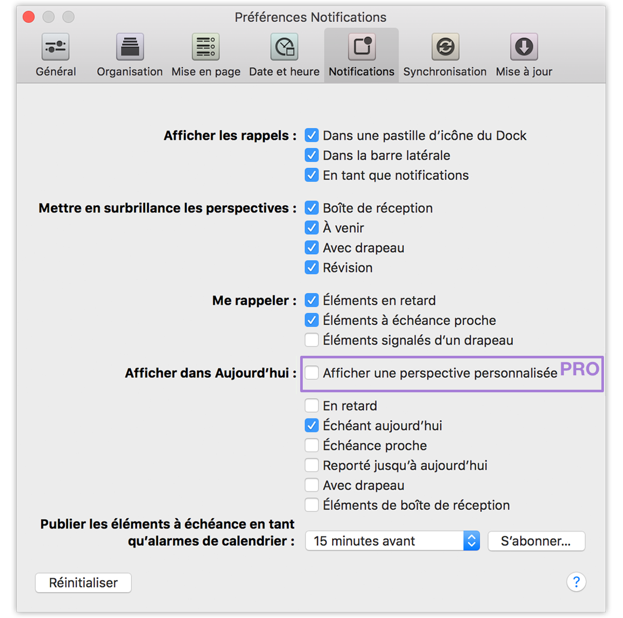 Préférences Notifications d'OmniFocus 2 pour Mac.
