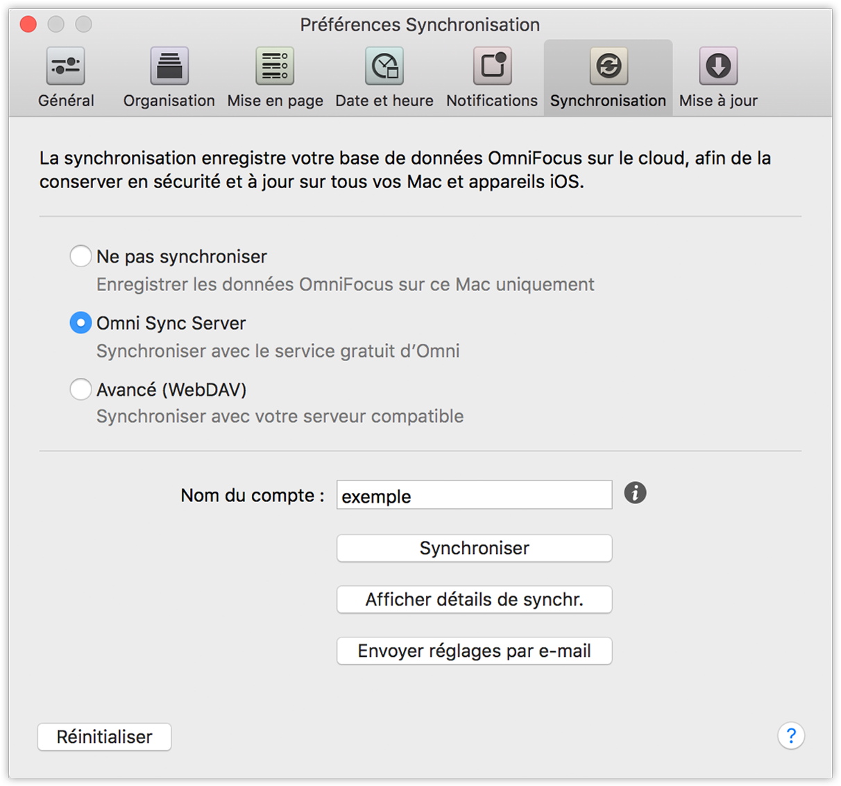 Préférences Synchronisation d'OmniFocus 2 pour Mac.