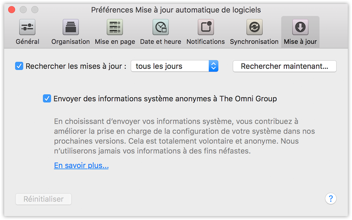 Préférences Mise à jour d'OmniFocus 2 pour Mac.