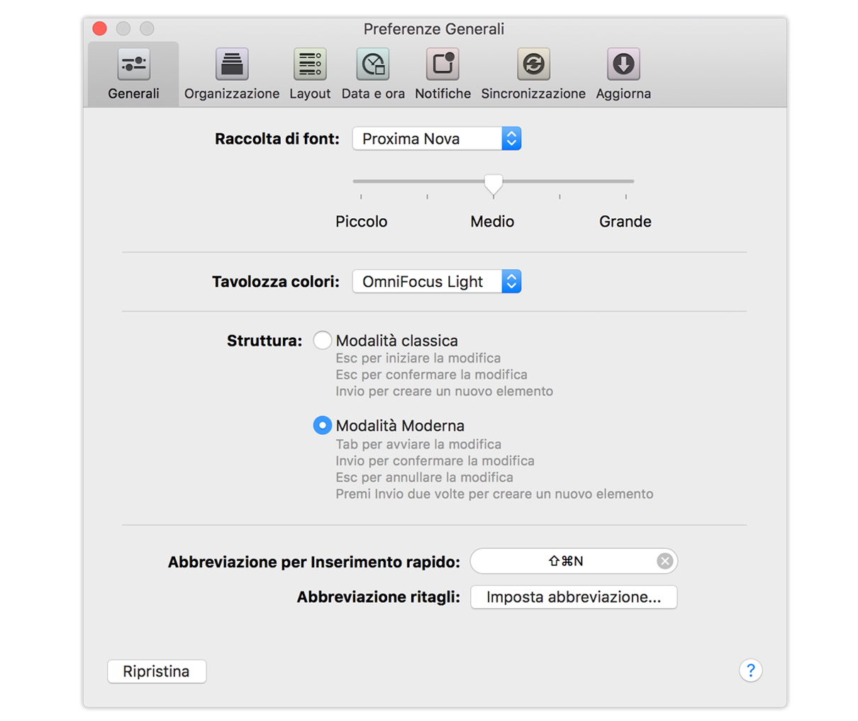 Preferenze Generali di OmniFocus 2 per Mac.