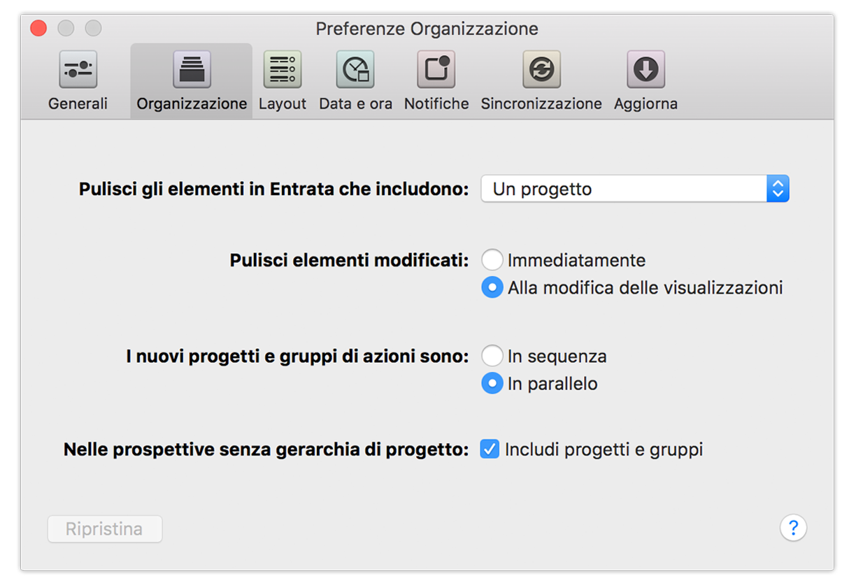 Preferenze Organizzazione di OmniFocus 2 per Mac.
