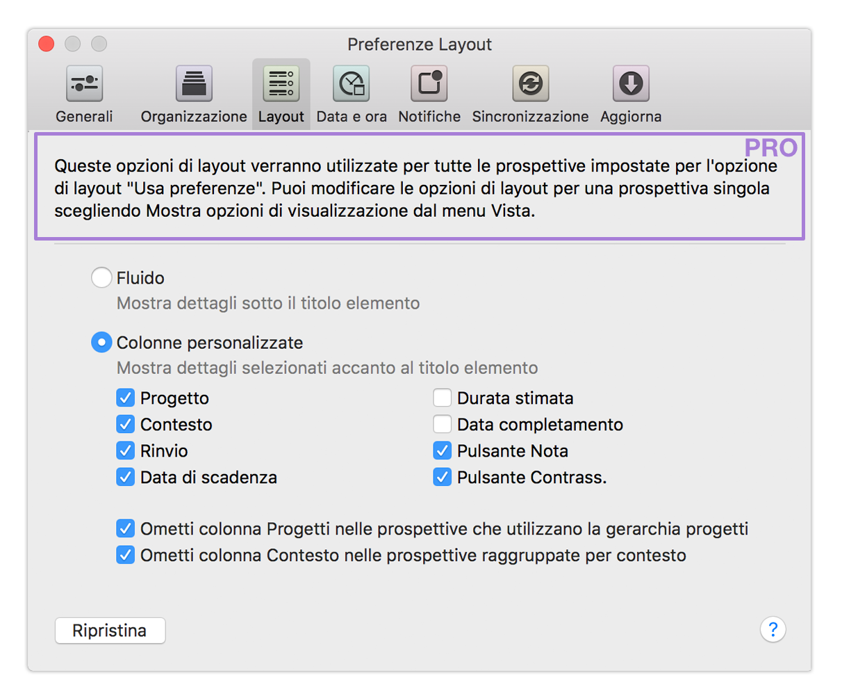 Preferenze Layout di OmniFocus 2 per Mac.