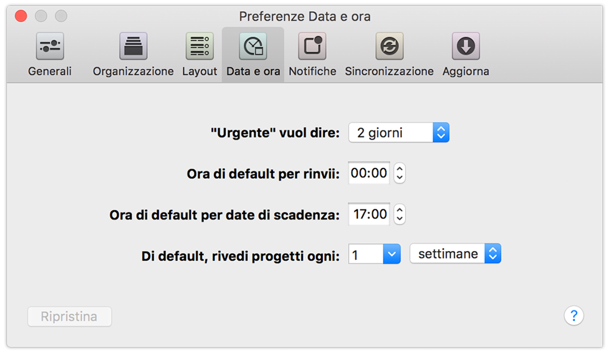 Preferenze Data e ora di OmniFocus 2 per Mac.