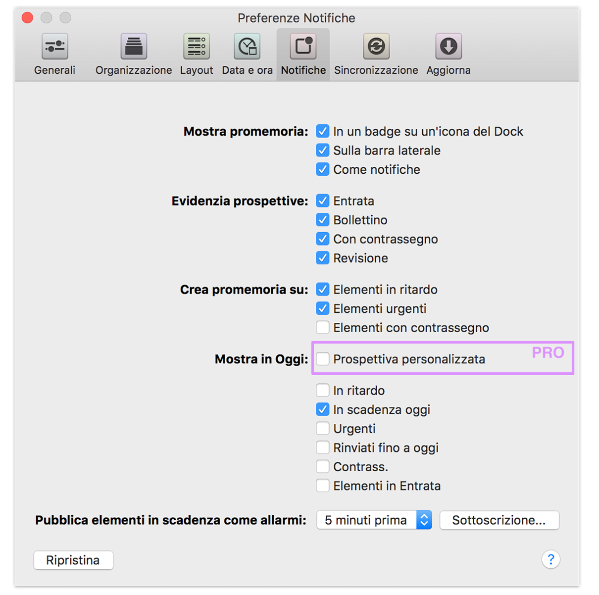Preferenze Notifiche di OmniFocus 2 per Mac.