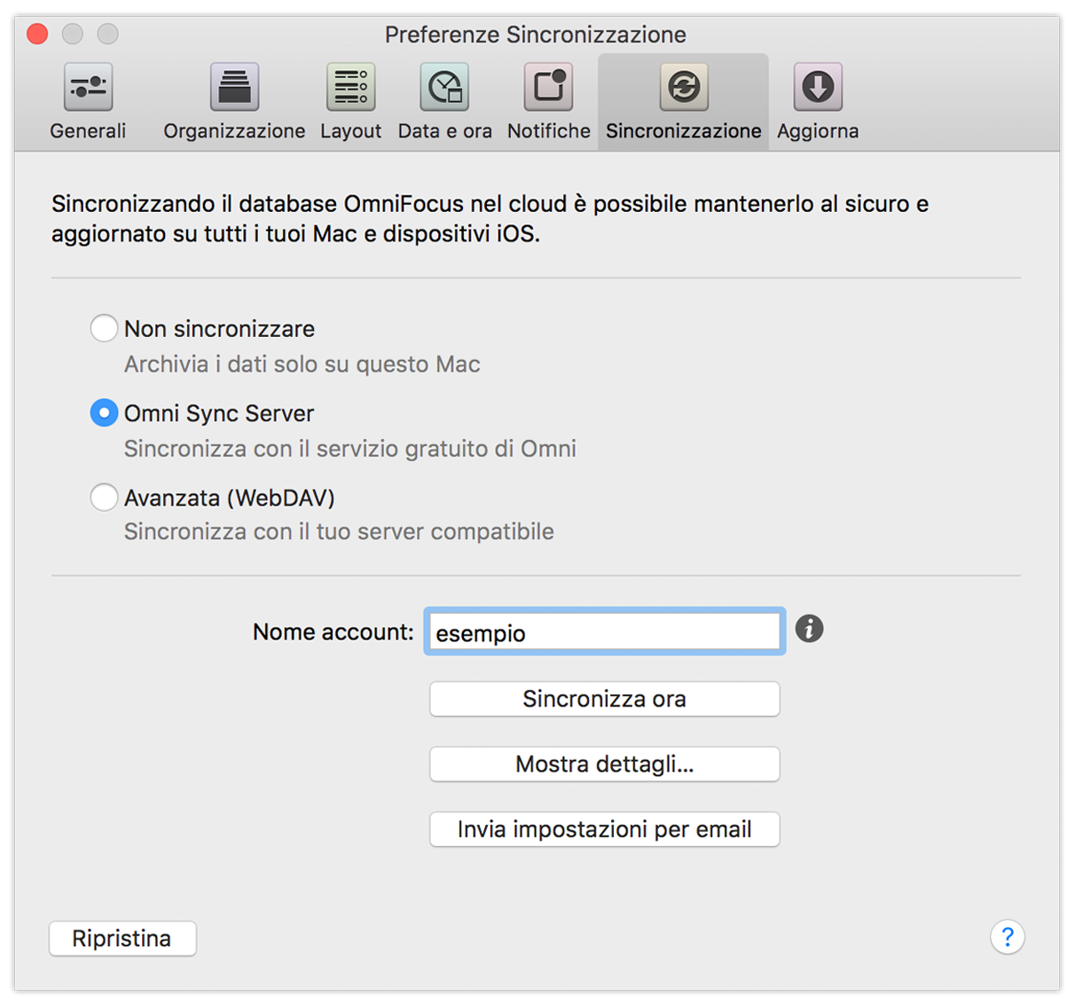Preferenze Sincronizzazione di OmniFocus 2 per Mac.