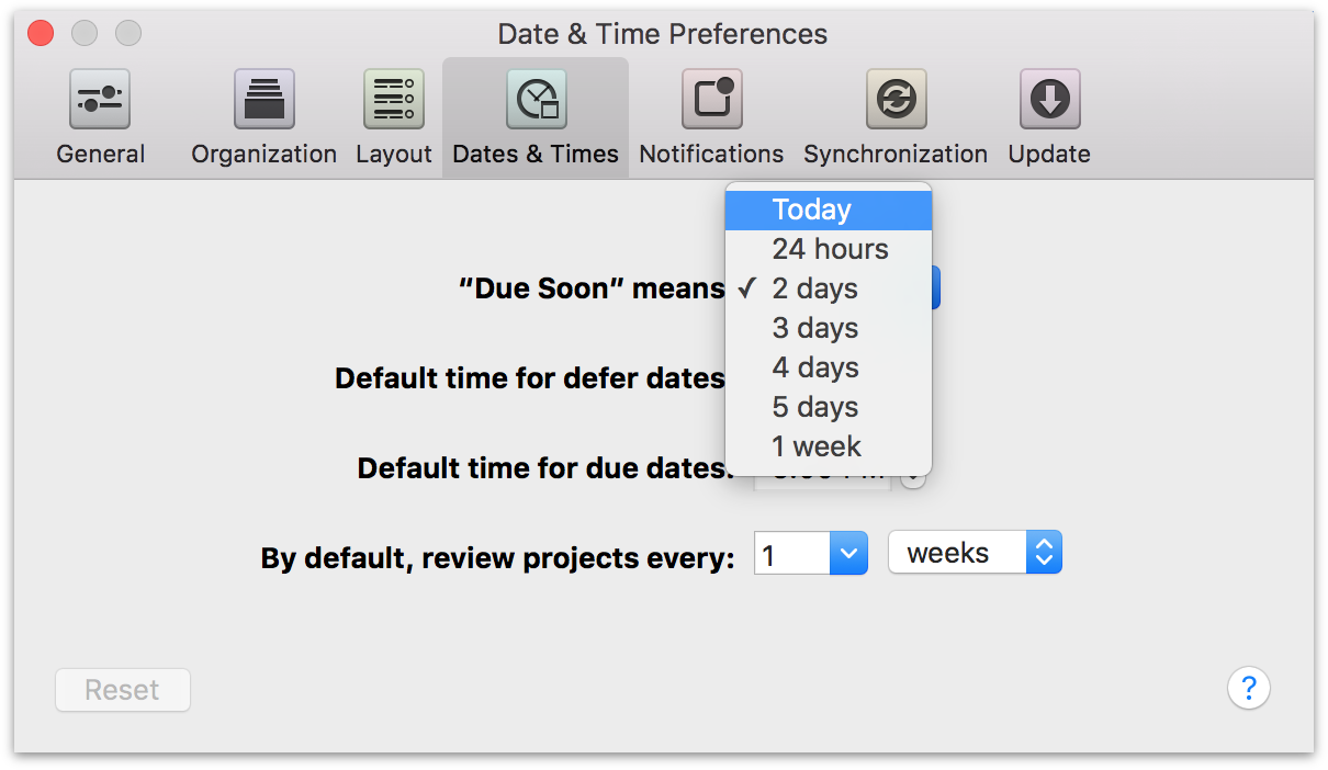 Choosing Today as the meaning of Due Soon in OmniFocus 2.4 for Mac.