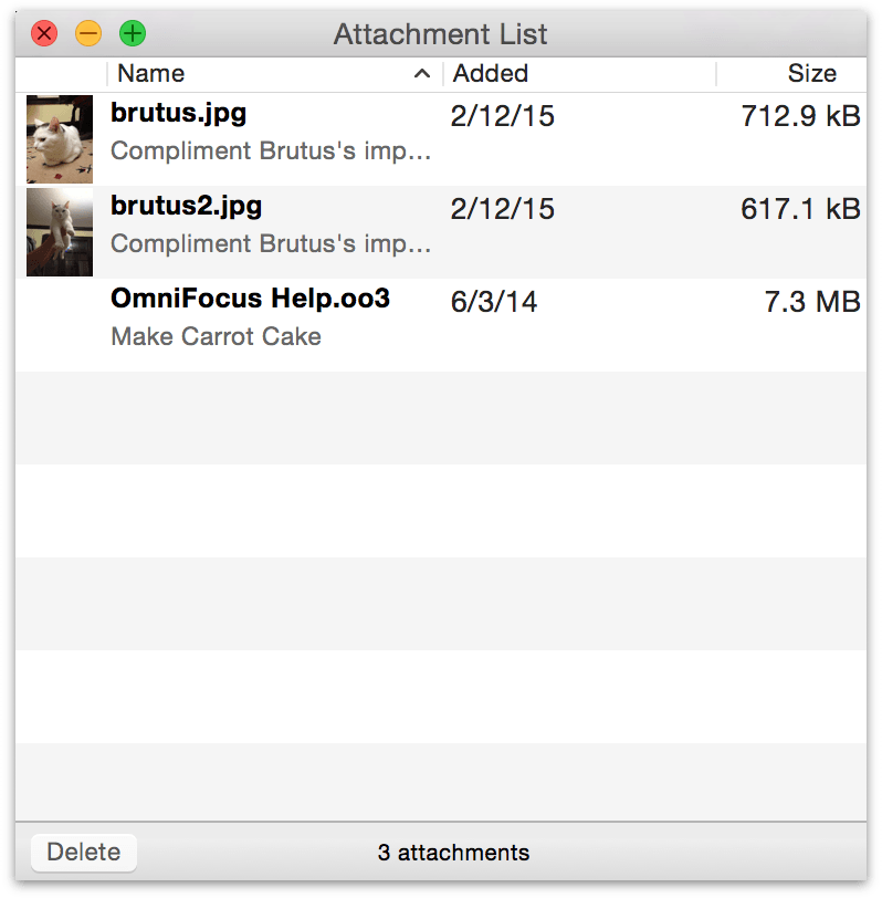 The Attachment List shows all of the files attached to your OmniFocus database
