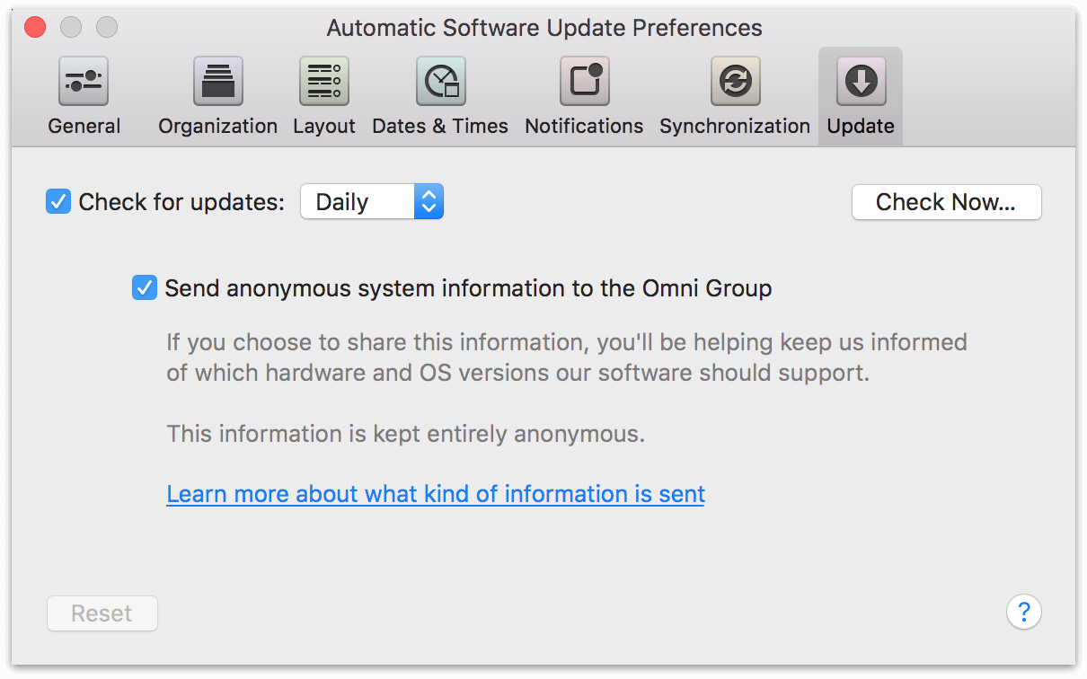 OmniFocus 2 for Mac Update Preferences.