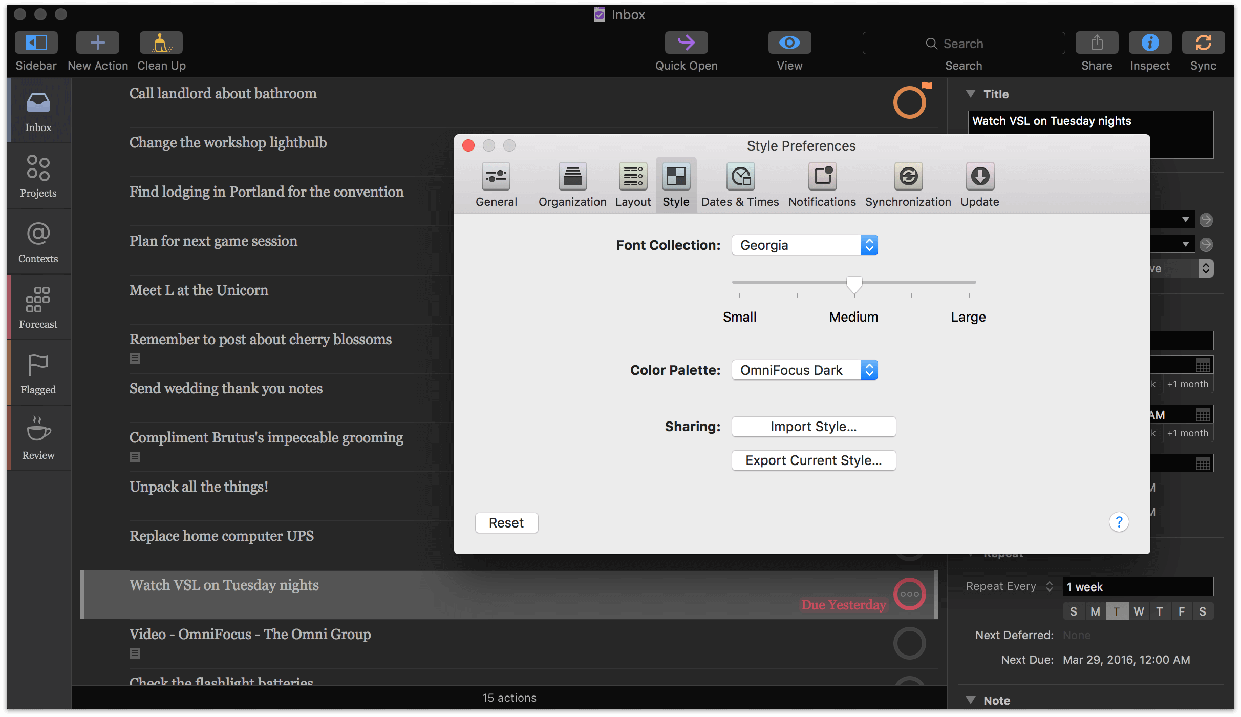 Choosing the OmniFocus Dark theme and Georgia font package in the Styles inspector of OmniFocus 2.5 for Mac.