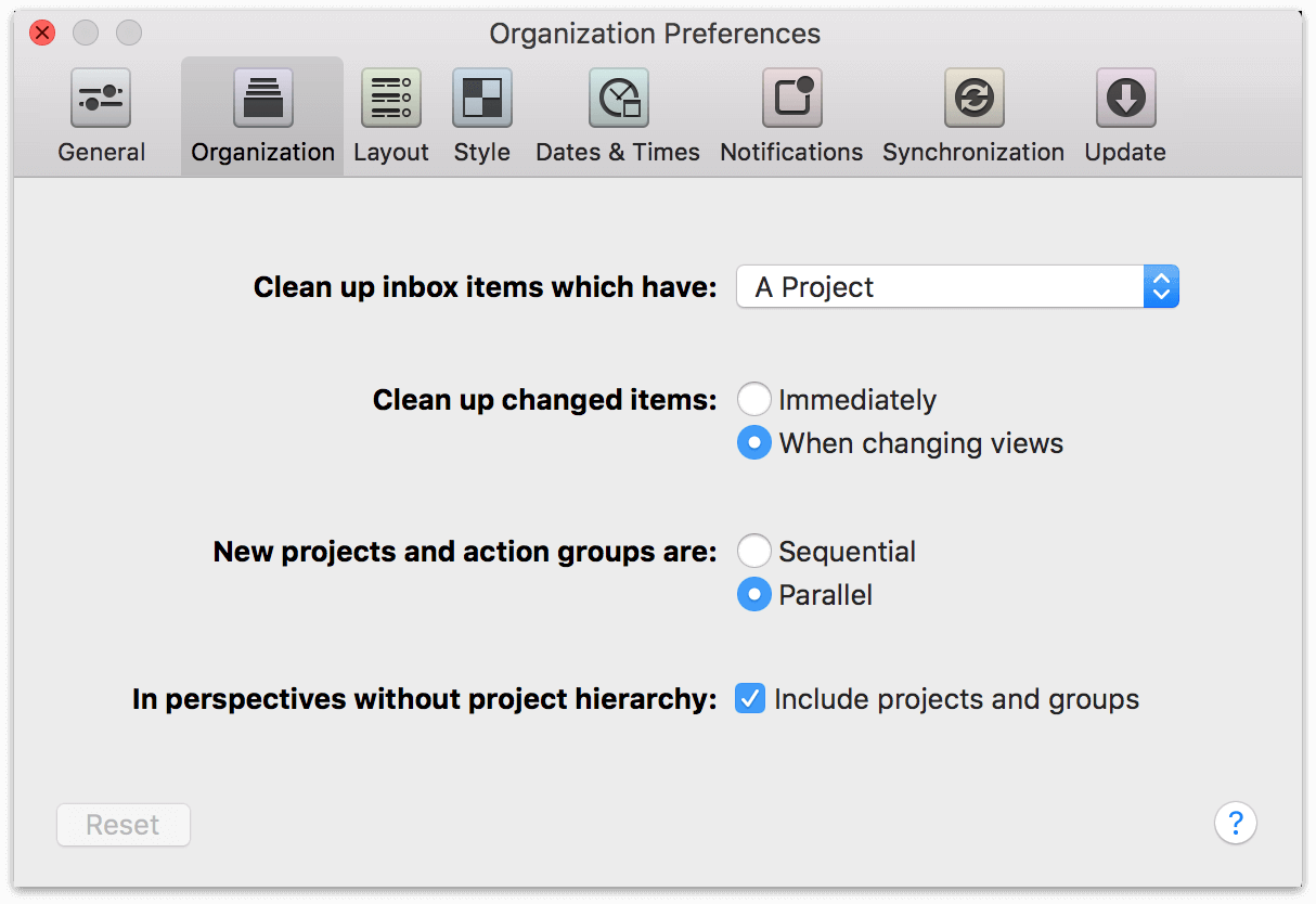 OmniFocus 2 for Mac Organization Preferences.