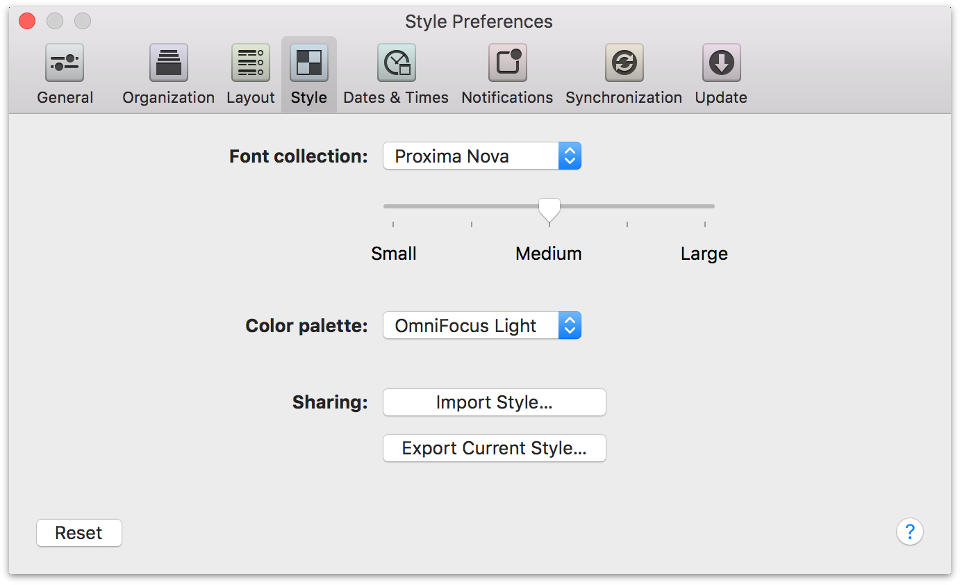 OmniFocus 2 for Mac Style Preferences.