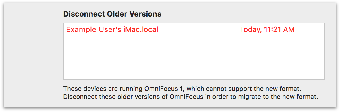 A device running OmniFocus 1 that is unable to upgrade to the new database format.