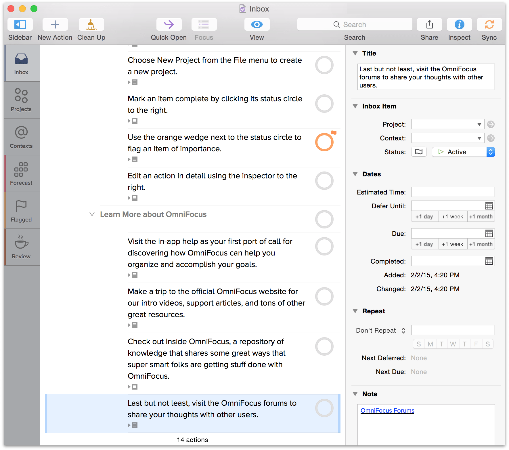 Actions can be edited in the main outline, or using the Inspector (at right)