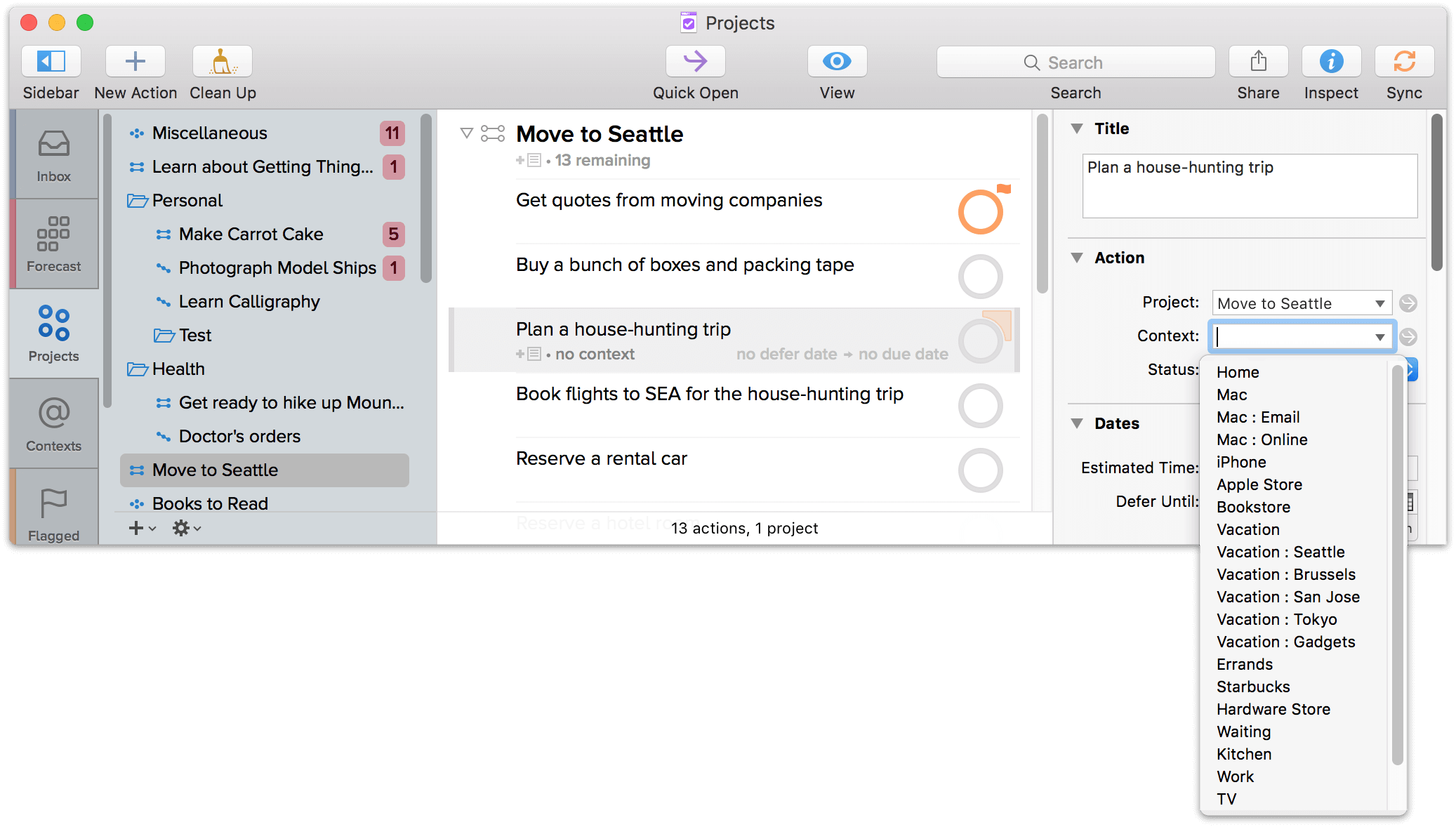  Affectation de contextes dans OmniFocus 2 pour Mac.