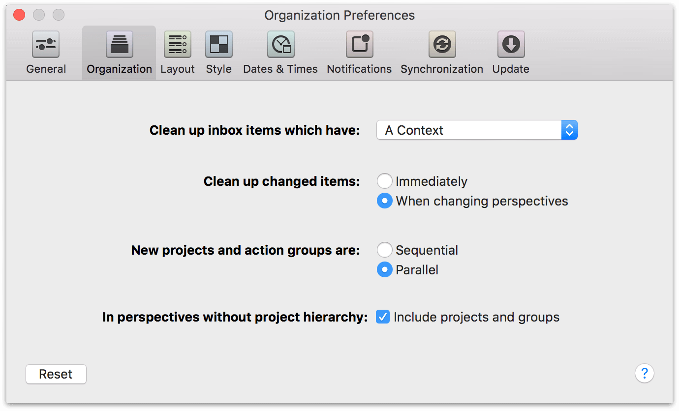 OmniFocus 2 for Mac Organization Preferences.