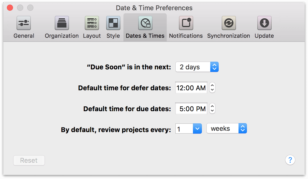 OmniFocus 2 for Mac Dates & Times Preferences.