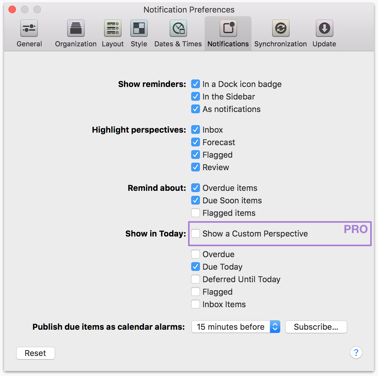 OmniFocus 2 for Mac Notifications Preferences.