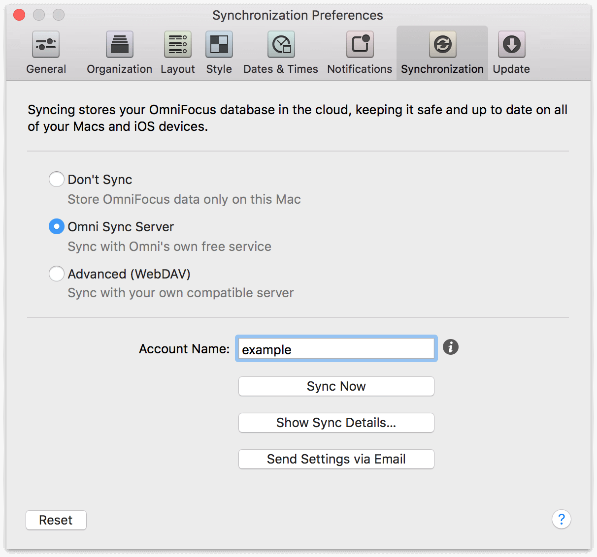 OmniFocus 2 for Mac Synchronization Preferences.