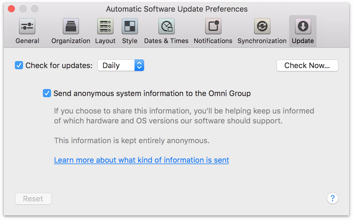 OmniFocus 2 for Mac Update Preferences.