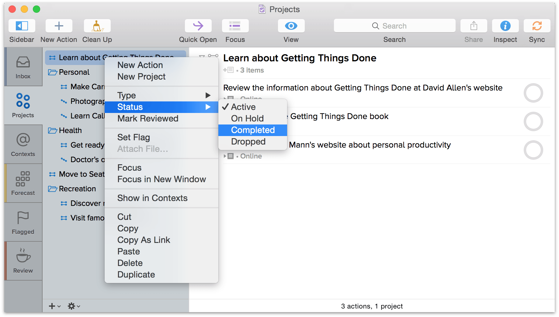 omnifocus 3 add signle action list