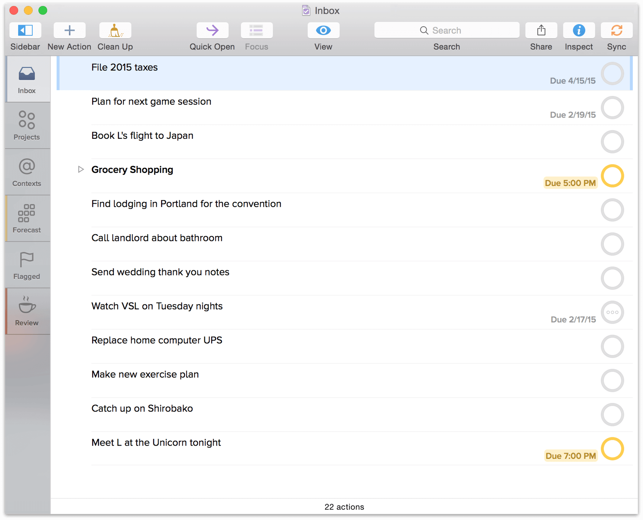 As with Mail, OmniFocus’s Inbox is a general catch-all for any new items you create