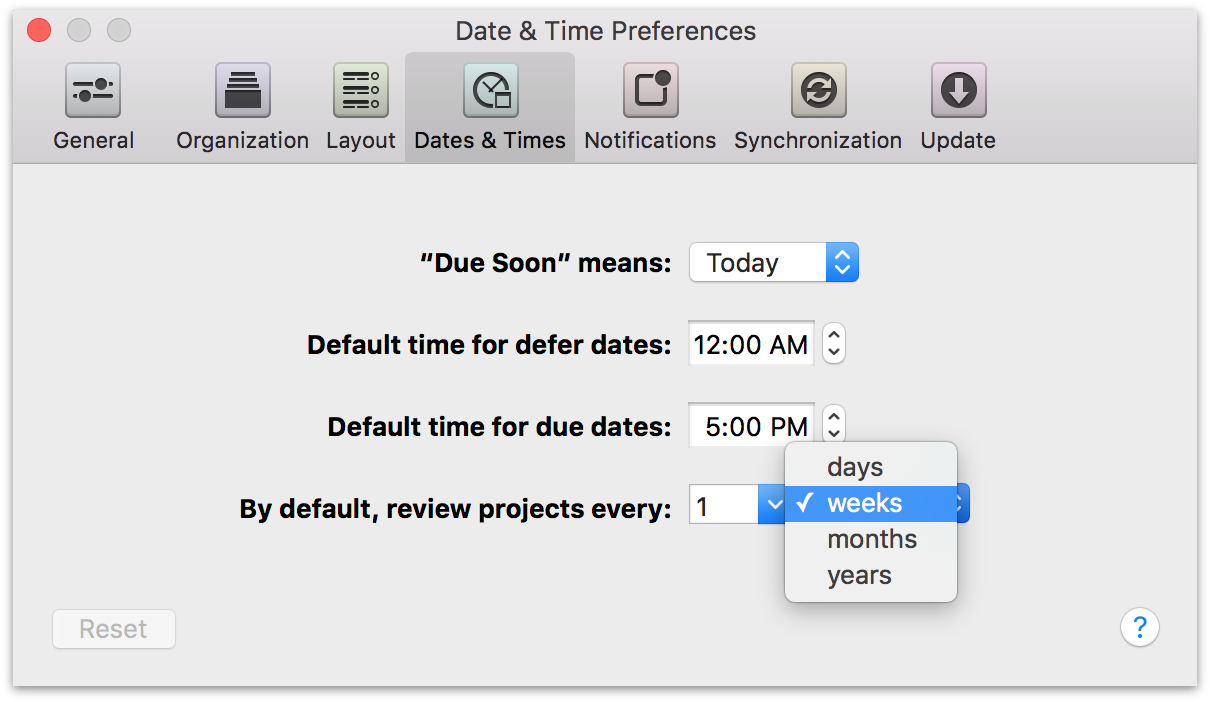 Use the Dates &#38; Times preference to adjust how frequently you plan to review your projects