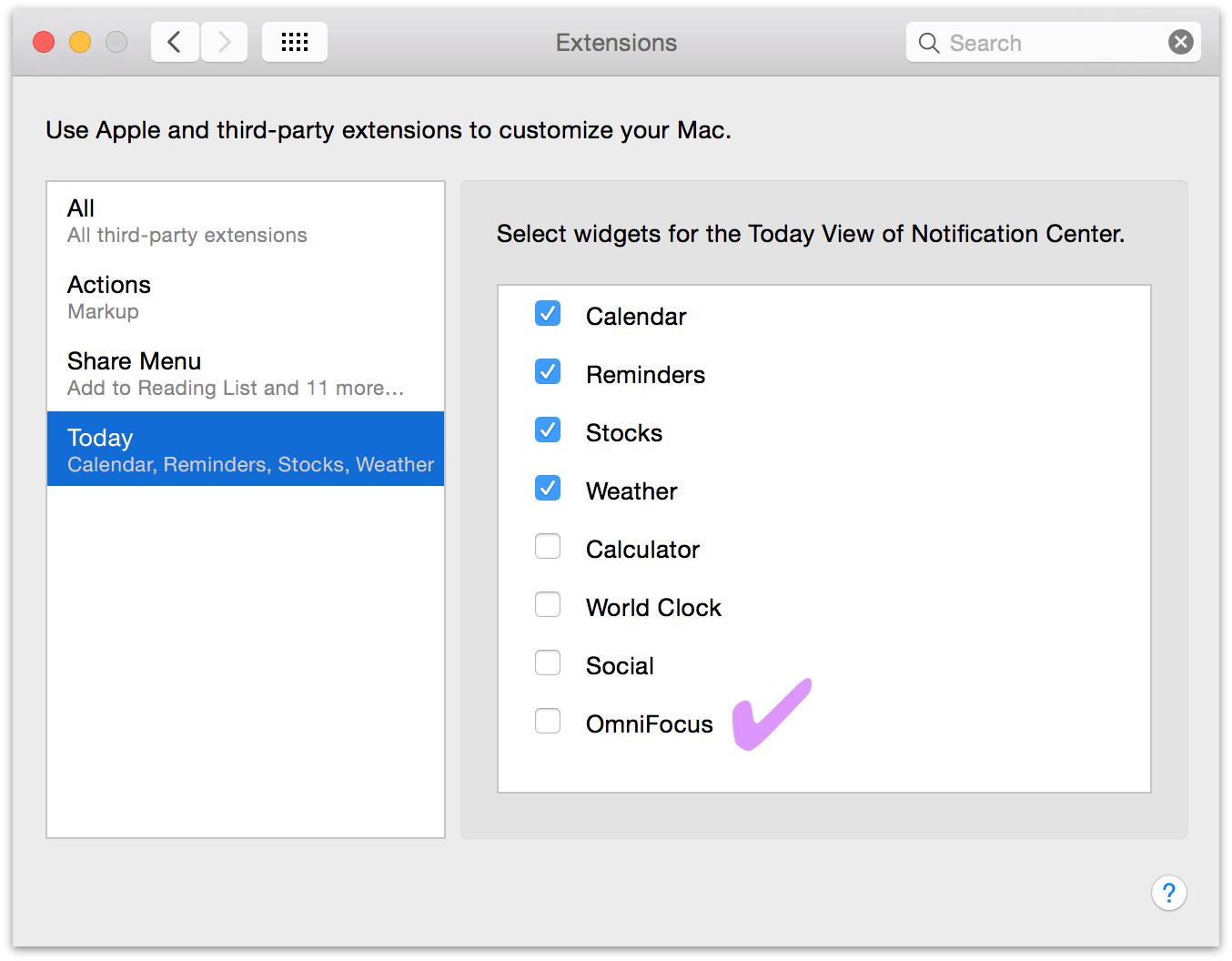 The Today extension in System Preferences