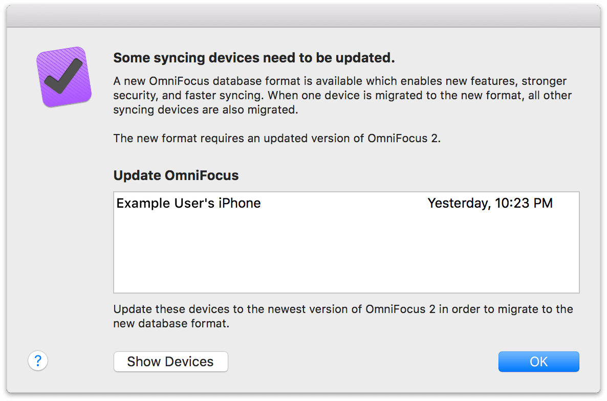 The database migration assistant in OmniFocus 2.6 for Mac.