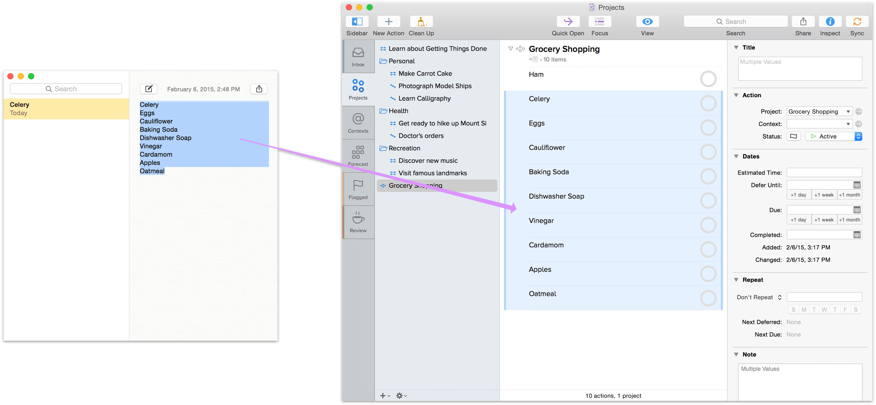 Copying a Grocery List from Notes into OmniFocus, as Actions