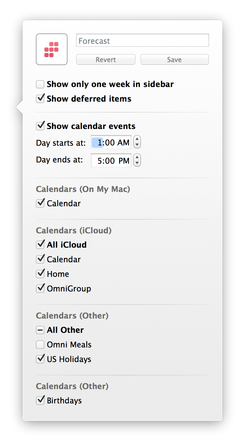 Use View options to select which of your Calendars will also appear in OmniFocus