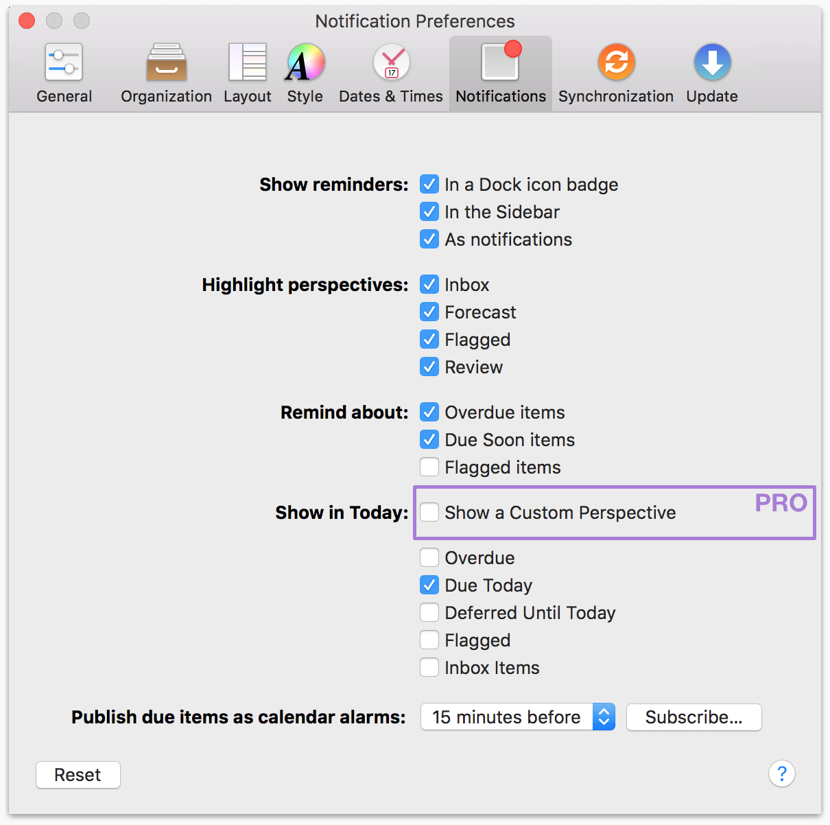 OmniFocus 2 for Mac Notifications Preferences.