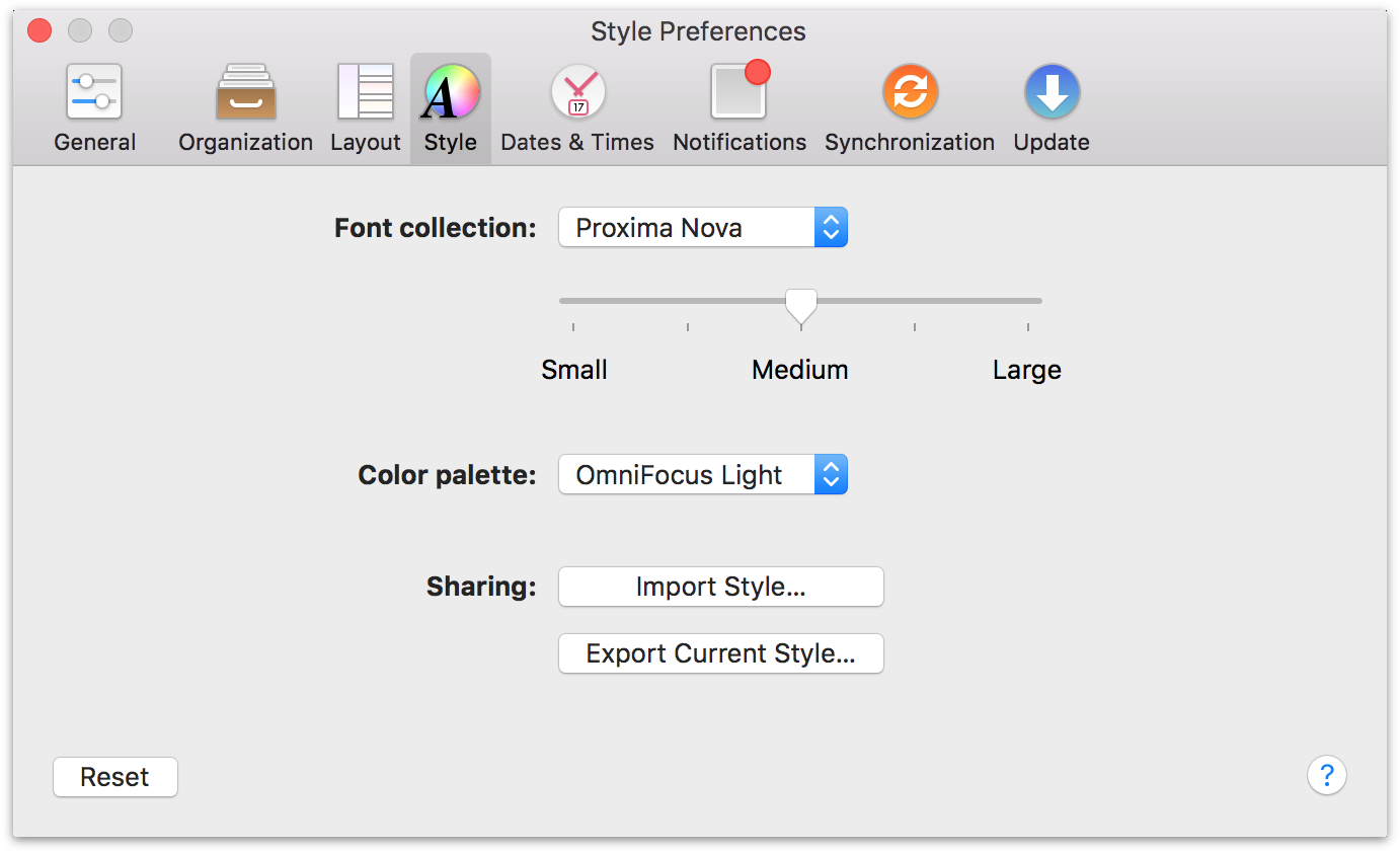 OmniFocus 2 for Mac Style Preferences.
