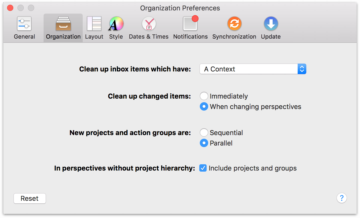 OmniFocus 2 for Mac Organization Preferences.