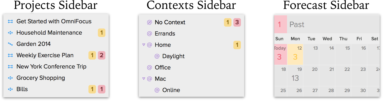 Three of the various sidebars from the built-in OmniFocus 2 perspectives.